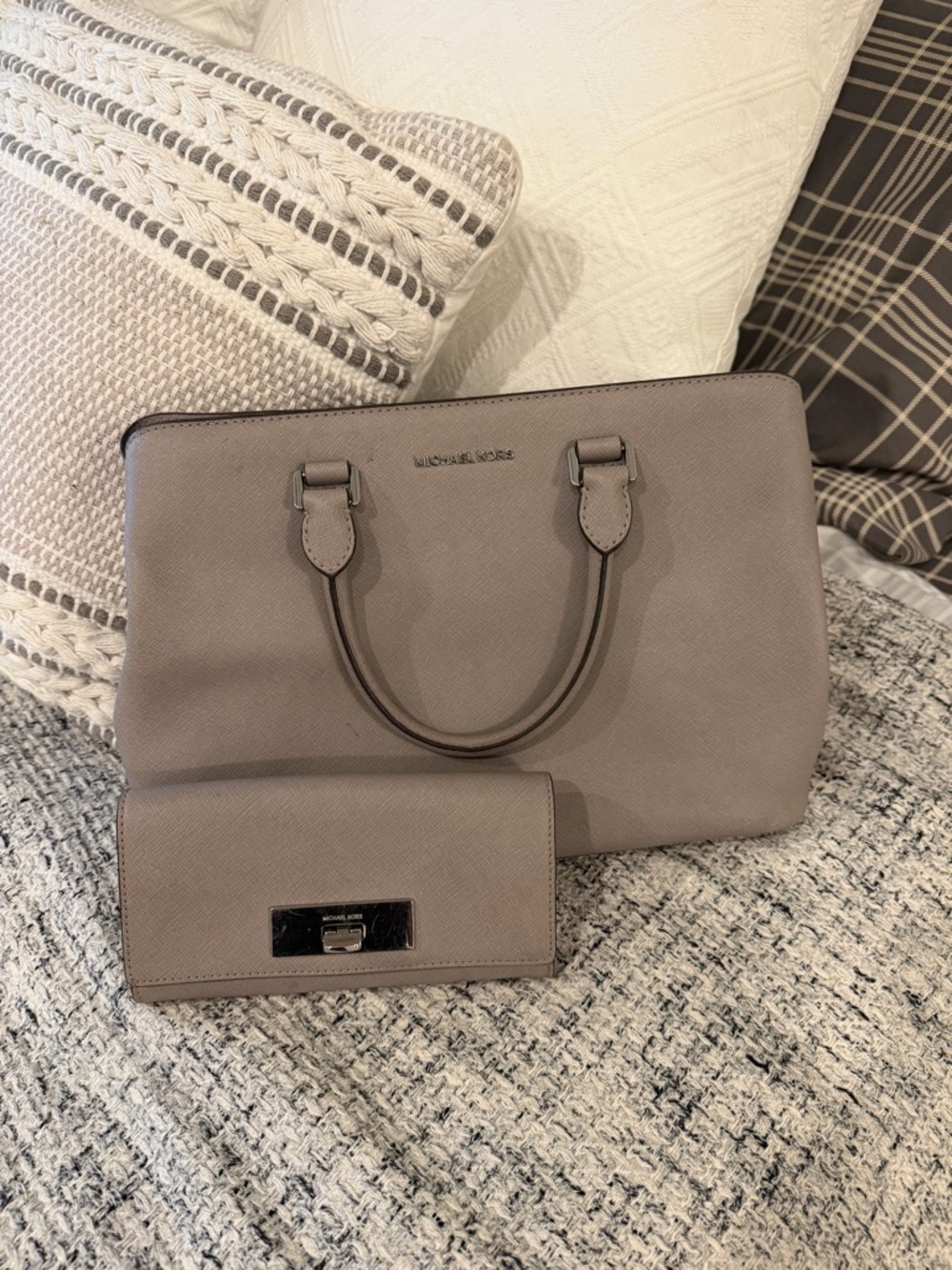 Michael Kors Taupe Saffiano Leather Satchel with Matching Wallet
